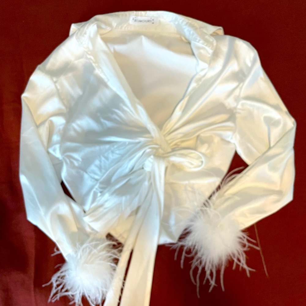 White feather sleeve silk top